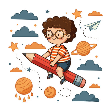 Child with curly hair rides a large red pencil surrounded by planets, stars, clouds, and a paper airplane in playful mood.のイラスト素材