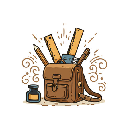 Illustration shows a brown leather bag filled with rulers, pencils, and an ink bottle, surrounded by decorative swirls. Creative and vintage mood.のイラスト素材