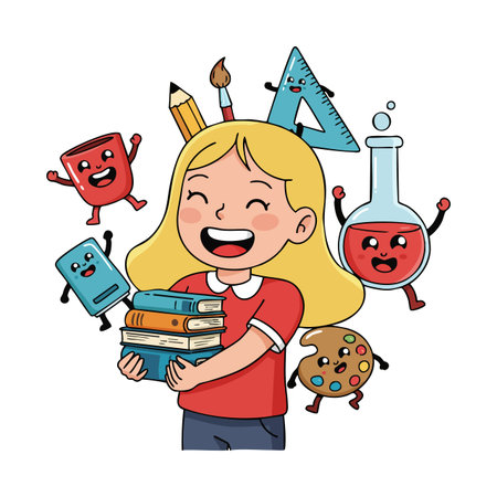 A joyful girl holds a stack of books while animated school supplies float happily around her in a bright, cheerful scene. Playful mood.のイラスト素材