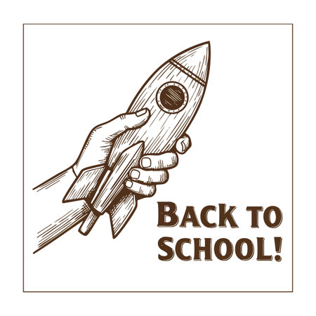 Illustration shows a hand holding a rocket ship with back to school text in vintage style, conveying education and learning mood.のイラスト素材