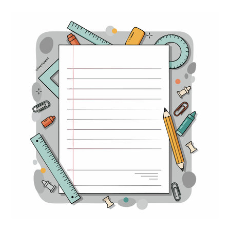 Illustration shows a collection of school stationery including notebook, pencil, ruler, and drawing tools in a neat arrangement. Educational theme, cheerful.のイラスト素材
