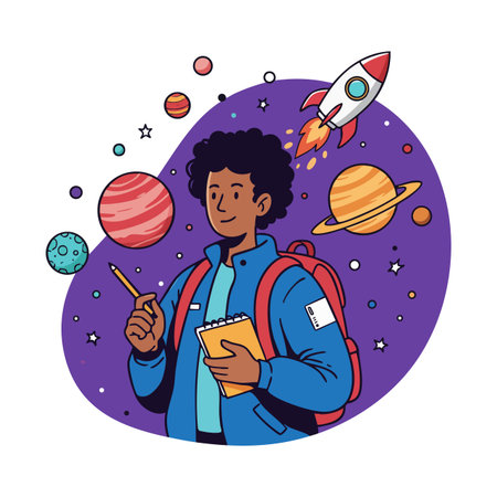 Boy student studies planets and rocket in space-themed background, holding notebook and pencil, surrounded by stars and planets in purple. Curious mood.のイラスト素材