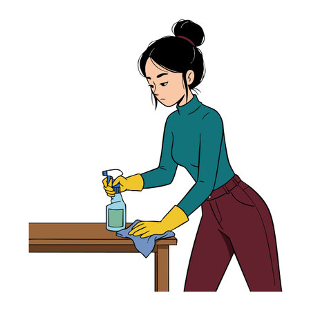 Illustration shows a woman wearing a teal top and yellow gloves cleaning a wooden table with a spray bottle and cloth, focused and calm.のイラスト素材