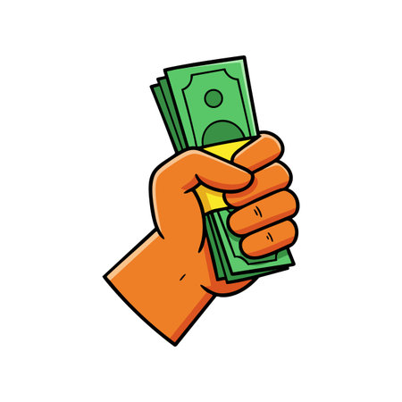 This vector illustration shows a hand gripping a stack of money bills, symbolizing finance and cash flow, with a bold and clear design mood.のイラスト素材