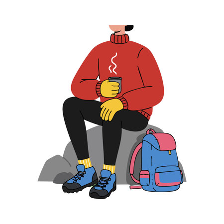 Person wearing red sweater and yellow gloves sits on gray rock holding a steaming hot drink near blue and pink backpack. Cozy mood.のイラスト素材