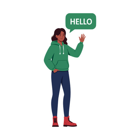Illustration shows young woman wearing green hoodie and red shoes greeting with a speech bubble saying hello in a friendly mood.のイラスト素材