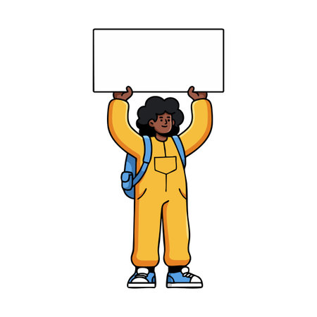 Illustration shows a black woman standing with a blank sign above her head, wearing a yellow outfit and backpack, conveying confident mood.のイラスト素材