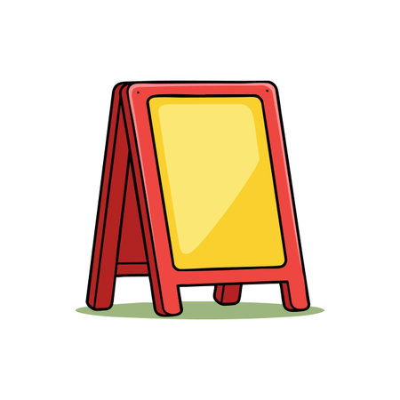 Illustration shows a red sandwich board sign with yellow panel standing on green ground, creating a simple and clear advertising concept. Cheerful.のイラスト素材