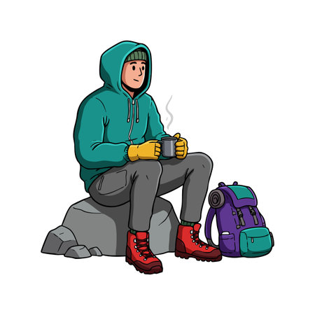 Person wearing teal hoodie and yellow gloves sits on rock drinking a hot beverage, next to a purple backpack. The scene feels calm and cozy.のイラスト素材