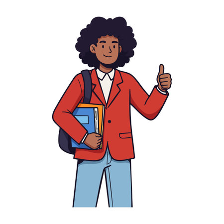 Illustration shows a confident student with curly hair carrying books and giving a thumbs-up gesture, dressed in casual red jacket and blue jeans. Positive mood.のイラスト素材