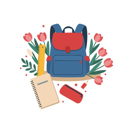Illustration shows a blue and red school backpack with a notebook, ruler, and pink tulips in a neat arrangement, creating a fresh and calm mood.のイラスト素材