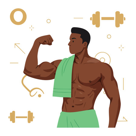 Illustration shows muscular man flexing biceps with a green towel in gym setting, emphasizing strength and health. Energetic mood.のイラスト素材
