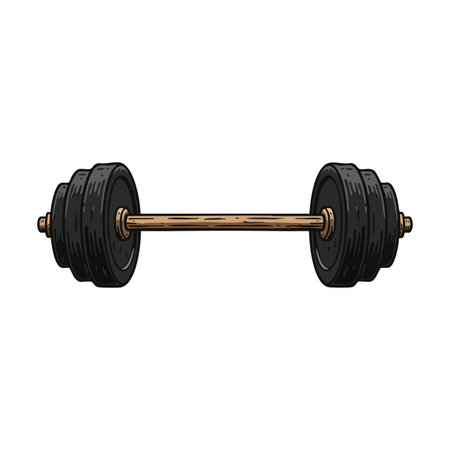 Illustration shows a barbell with black weight plates and a wooden handle in a clean style, symbolizing fitness and strength training. Energetic.のイラスト素材