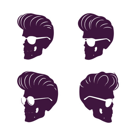 Vector illustrations show skulls with Pompadour hairstyles and sunglasses in dark purple, presenting a cool and edgy mood.のイラスト素材