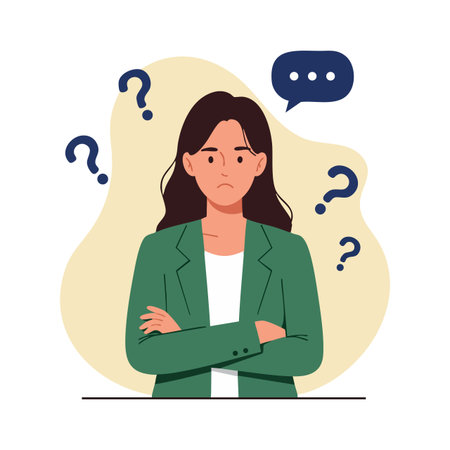 Illustration shows a confused businesswoman with crossed arms surrounded by question marks, expressing uncertainty and hesitation. Thoughtful mood.のイラスト素材