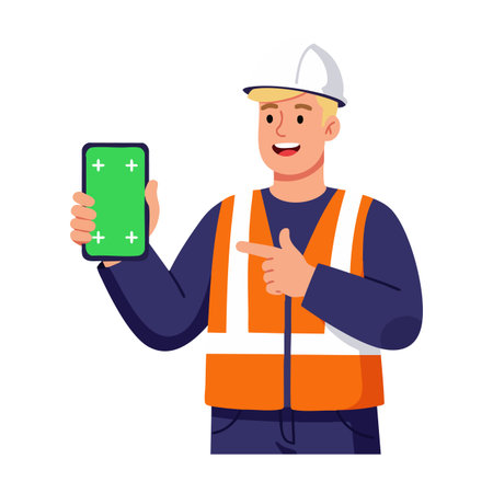 Construction worker in orange safety vest and white helmet points at smartphone with green screen in hand. Bright and professional mood.のイラスト素材