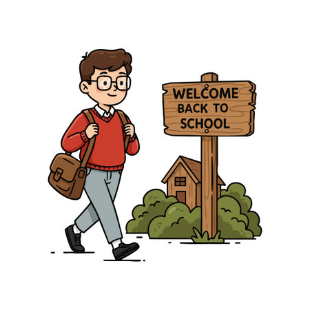 Illustration shows a schoolboy walking with a backpack near a wooden welcome back to school sign, evoking a cheerful mood.のイラスト素材
