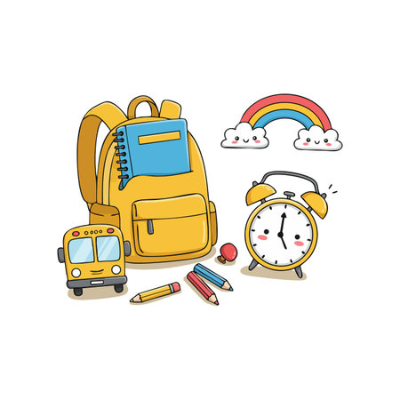 Vector illustration shows a yellow school backpack with alarm clock, bus, pencils, and rainbow with cute faces in a playful mood.のイラスト素材