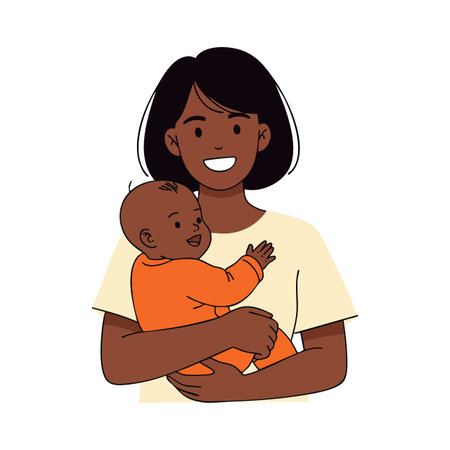 Illustration shows happy mother holding baby child in her arms with loving expression and warmth, creating comforting family mood.のイラスト素材
