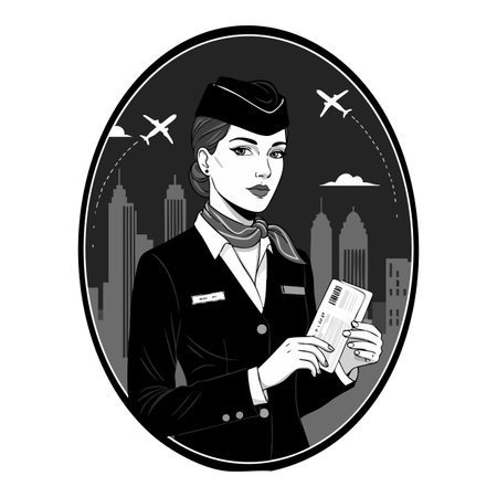 Vector image shows a female flight attendant in uniform holding a boarding pass with city skyline and airplanes in background, sleek and professional mood.のイラスト素材