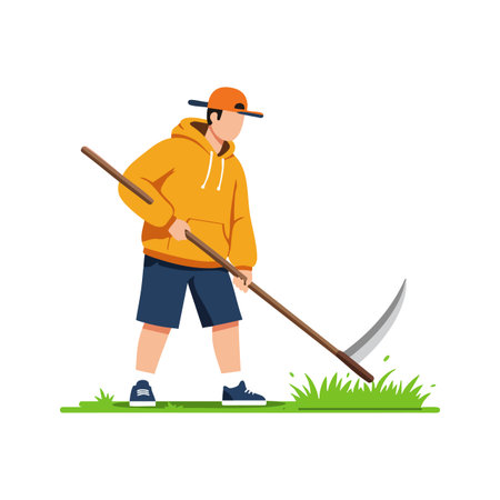 Illustration shows young man wearing orange hoodie and cap cutting grass with scythe outdoors in simple flat style. Calm mood.のイラスト素材