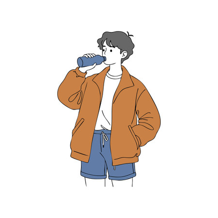 Vector illustration shows young person drinking water from a bottle wearing orange jacket and blue shorts, simple clean style, calm mood.のイラスト素材
