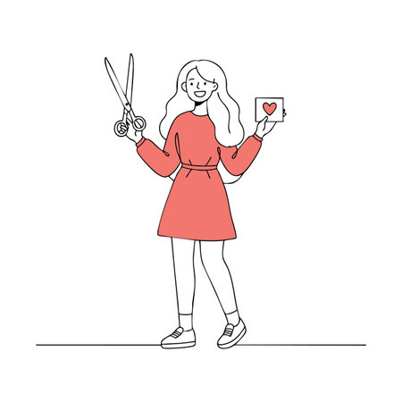 Young woman stands smiling holding scissors and a card with a heart symbol, wearing a red dress in a simple line art style, cheerful.のイラスト素材