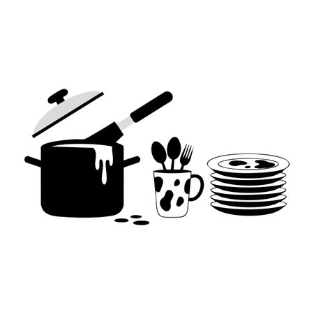 Vector illustration shows a cooking pot with dripping liquid, a utensil holder with cutlery, and stacked plates in black and white style. Simple and clean mood.のイラスト素材