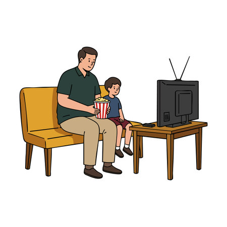 Father and son sit on a yellow couch watching television together while sharing popcorn, enjoying a relaxed family leisure moment. Calm mood.のイラスト素材