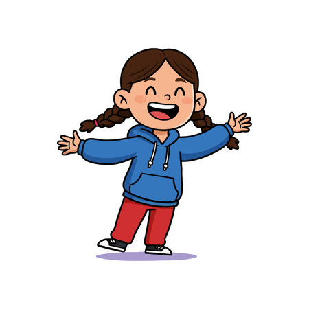 A cheerful little girl with braided hair wears a blue hoodie and red pants, spreading arms wide in joyful pose, lively and playful mood.のイラスト素材