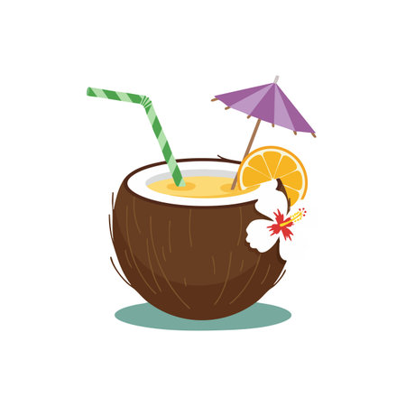 Illustration shows tropical coconut drink with green straw, purple umbrella, orange slice, and white hibiscus flower. Bright and cheerful mood.のイラスト素材