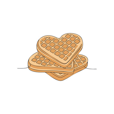 Vector illustration shows a stack of heart shaped waffles in warm colors, presenting a cozy breakfast food mood.のイラスト素材
