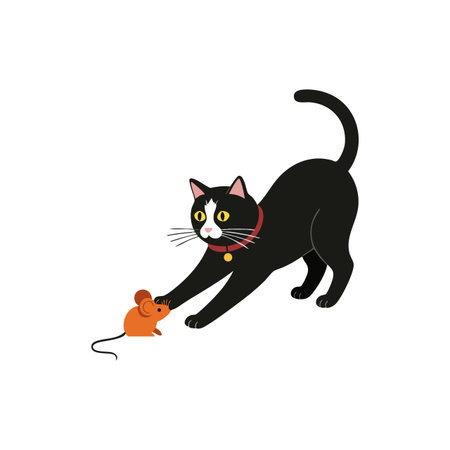 Black cat with white patches plays with an orange mouse toy on a white background in a playful mood.のイラスト素材