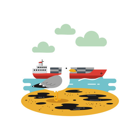 Seagull stands on a sandy shore affected by oil spills while cargo ships pass in the background under cloudy sky, illustrating pollution concern. Calm mood.のイラスト素材
