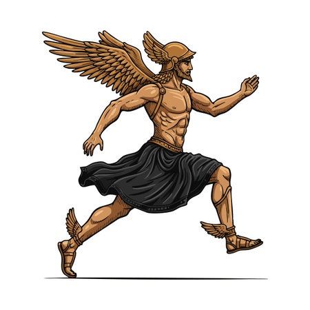 Illustration shows winged Greek messenger god Hermes running dynamically wearing a black skirt, helmet, and winged sandals. Energetic and mythological mood.のイラスト素材