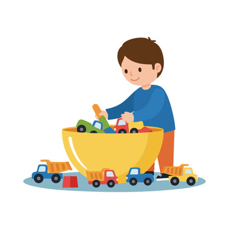 A young boy in blue shirt plays with various colorful toy cars placed in a large yellow bowl on a white surface, cheerful mood.のイラスト素材