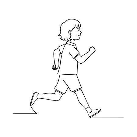 Illustration shows a boy running in sportswear with simple black line art style, conveying energy and movement. Cheerful mood.のイラスト素材