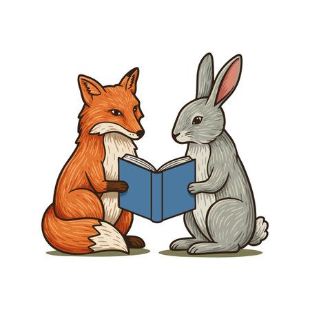 Fox and rabbit sit closely while reading a blue book, sharing knowledge and friendship in a calm and peaceful scene. Cheerful mood.のイラスト素材