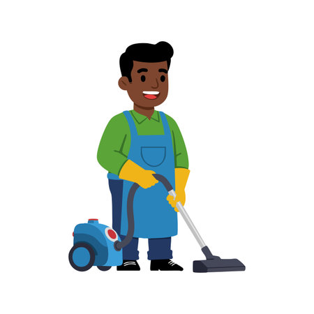 Illustration shows a man wearing green shirt and blue apron using a blue vacuum cleaner for cleaning floors in a cheerful mood.のイラスト素材