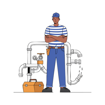 Illustration shows a plumber standing confidently near leaking pipes and a toolbox, symbolizing repair and maintenance work, calm mood.のイラスト素材