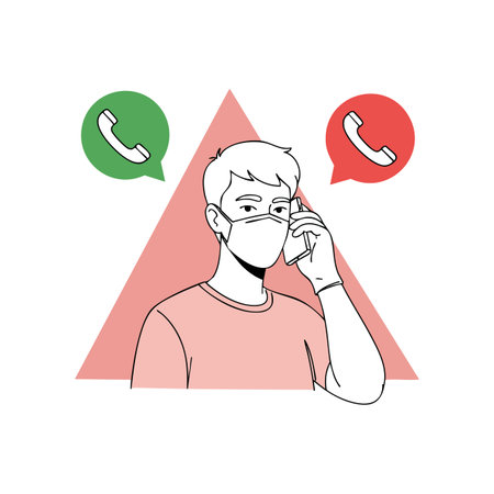 Illustration shows a young man wearing a face mask talking on the phone with red and green call icons behind him. Calm mood.のイラスト素材