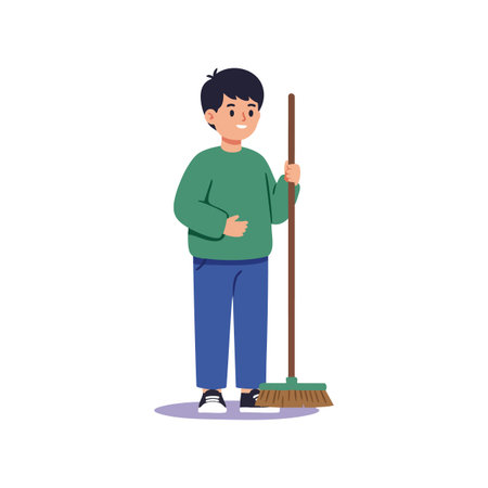 Illustration of a boy in green sweater and blue pants holding a broom and giving a thumbs up, conveying positivity and cleanliness mood.のイラスト素材