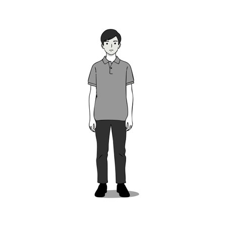 Illustration shows a young man standing in casual clothing with neutral expression in a minimal style, conveying calm and simplicity.のイラスト素材