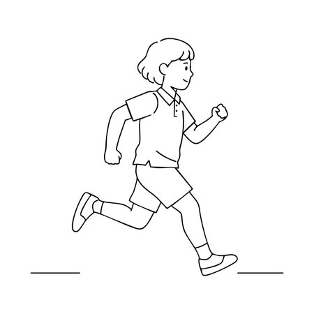 Illustration shows a boy running joyfully in a simple line art style conveying energy and motion. Cheerful mood.のイラスト素材