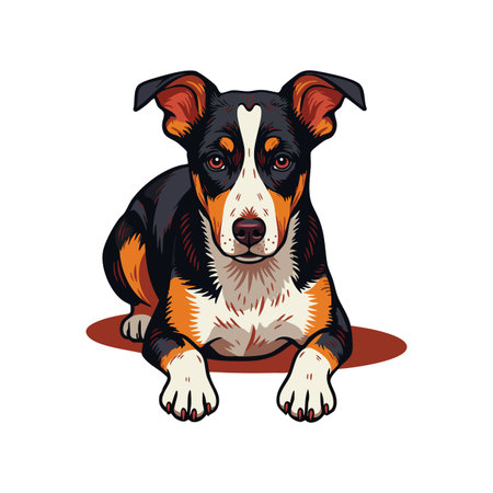 Vector illustration presents a tricolor dog lying down on a white background, showing detailed fur and attentive eyes, creating a calm mood.のイラスト素材