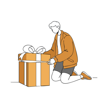 Illustration shows a young male character kneeling with a large gift box wrapped in orange and white ribbon, presenting a calm and thoughtful mood.のイラスト素材