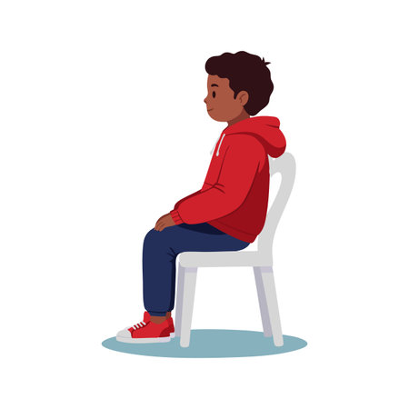 Illustration shows a boy in a red hoodie and blue pants sitting sideways on a white chair, calm and relaxed mood.のイラスト素材