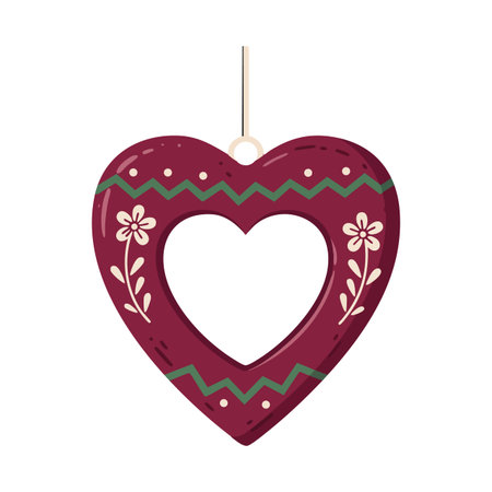 Vector illustration shows a maroon heart-shaped hanging decoration with floral patterns and green zigzag lines in a simple style. Calm.のイラスト素材