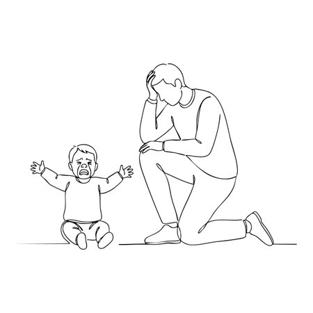 Father kneels with hand on head while baby son cries sitting on floor in simple line art style, conveying stress and care mood.のイラスト素材