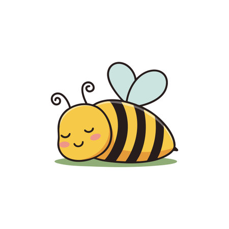 This vector shows a cute sleeping bee with yellow and black stripes, blue wings, and a peaceful expression on a green patch. Calm mood.のイラスト素材